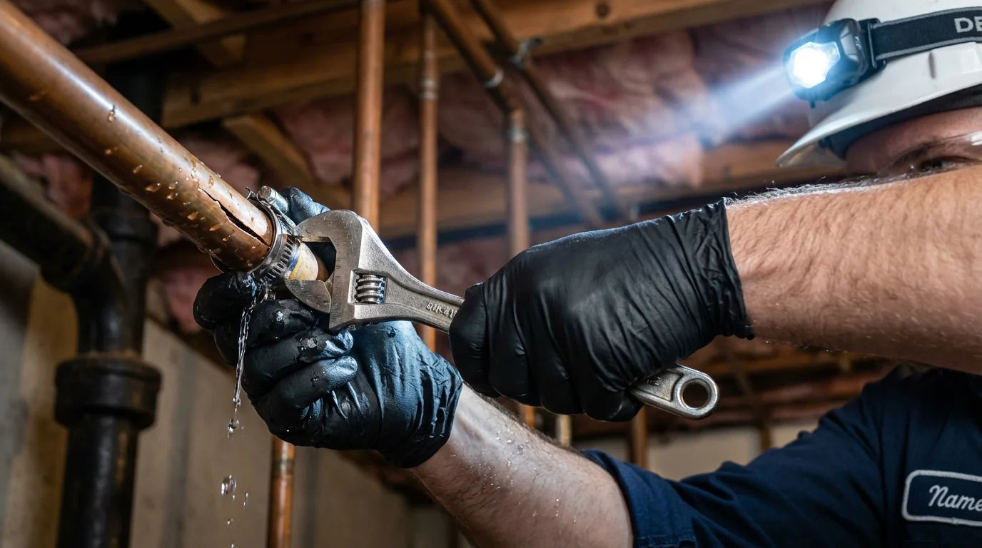 Emergency pipe clamp repair being performed by a Johns Plumbing LLC plumber in Dickinson