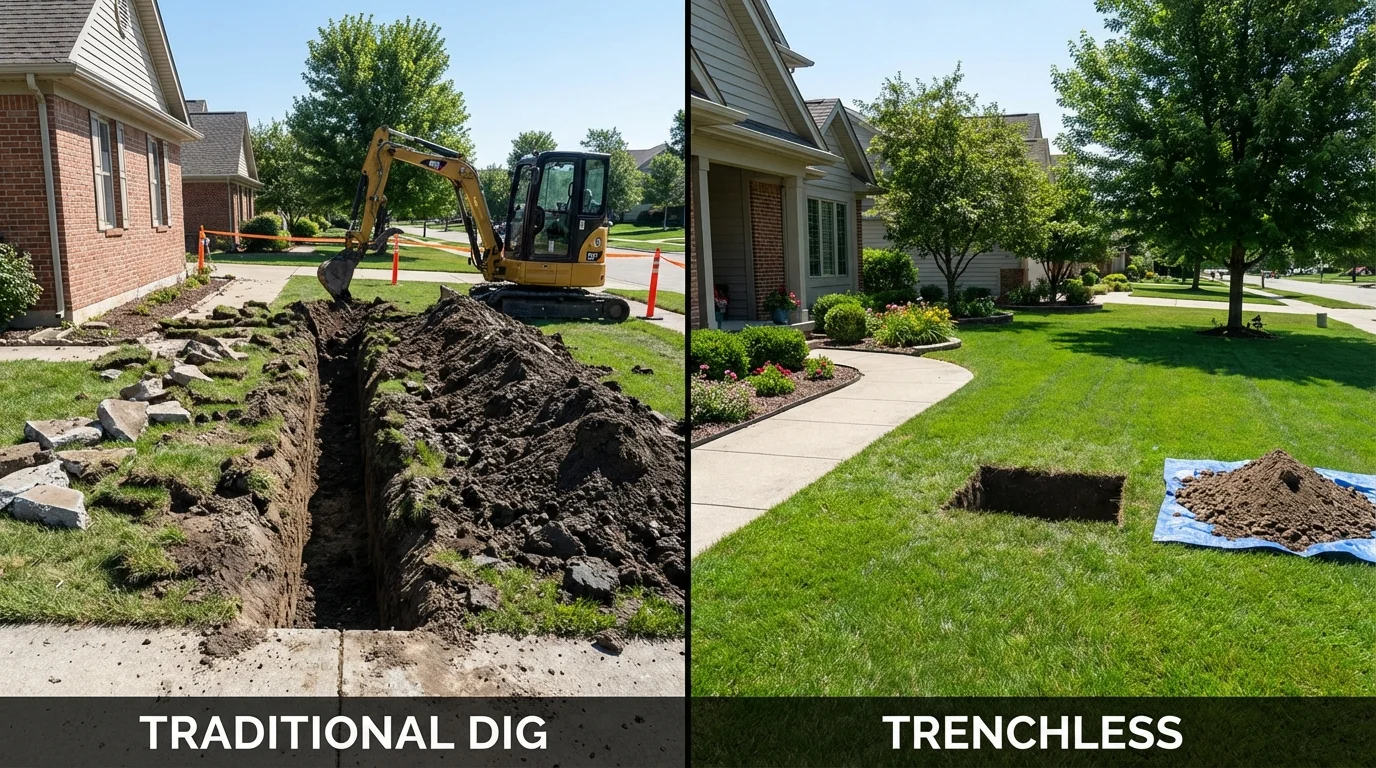 Trenchless sewer repair with minimal yard damage versus traditional excavation in Dickinson, TX