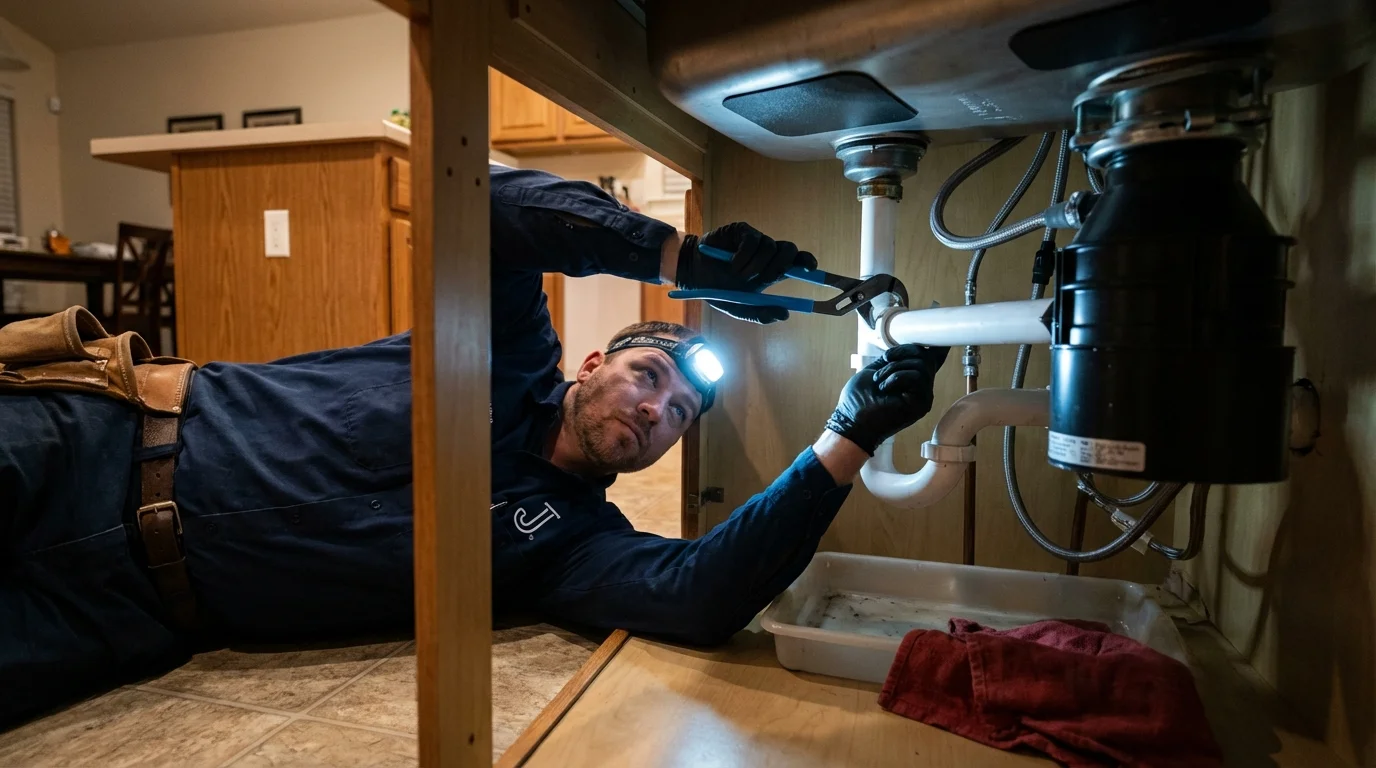 P-trap and supply line connections under a kitchen sink showing a common leak point in Dickinson, TX